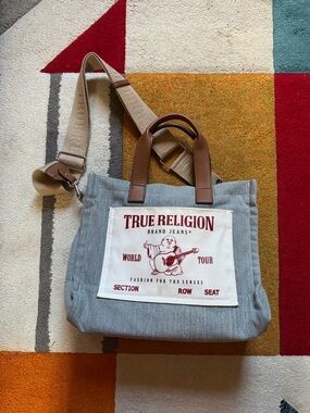 True Religion Gray Canvas Messenger Tote with Brown Leather Handles